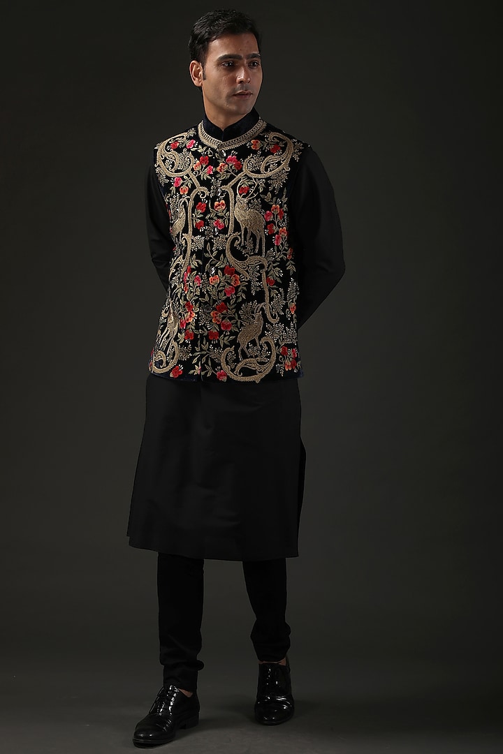 Black Zari Embroidered Nehru Jacket by Rohit Bal Men