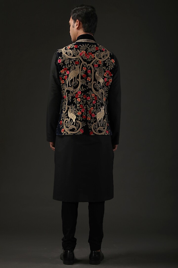 Black Silk Velvet Zari Embroidered Nehru Jacket by Rohit Bal Men at Pernia's Pop Up Shop