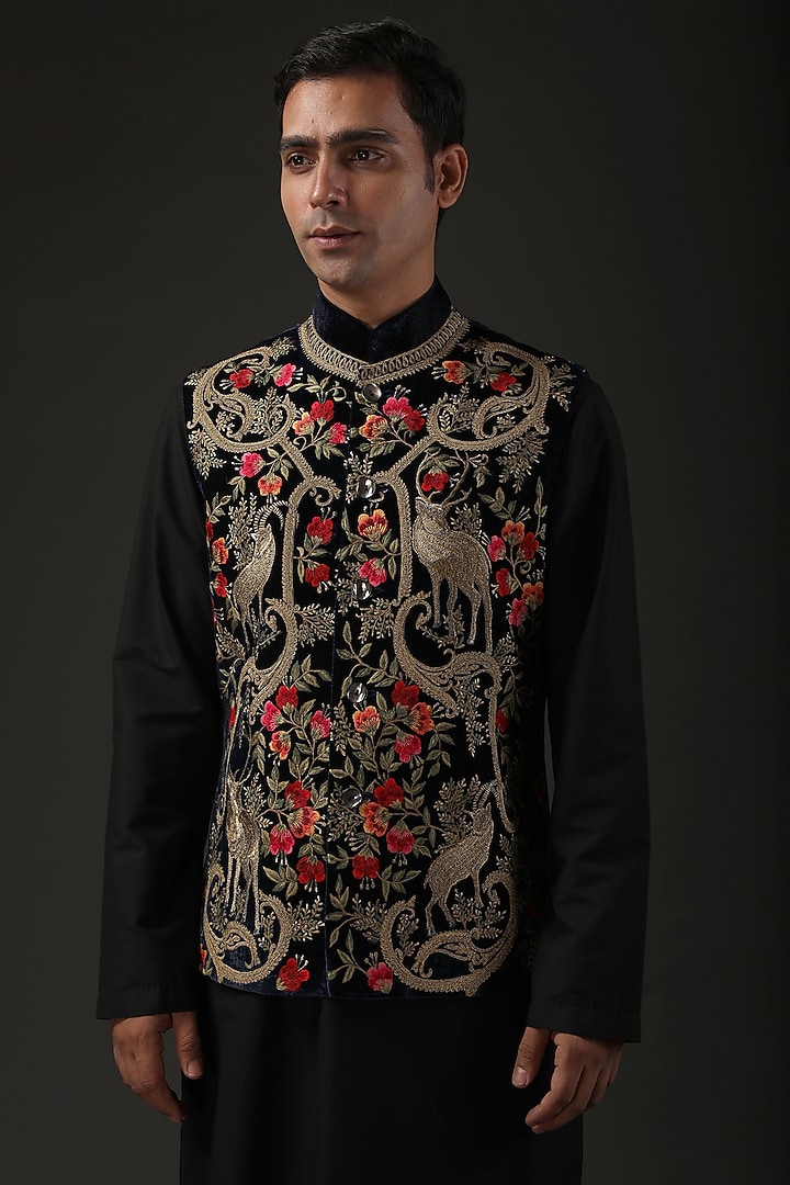 Black Silk Velvet Zari Embroidered Nehru Jacket by Rohit Bal Men at Pernia's Pop Up Shop