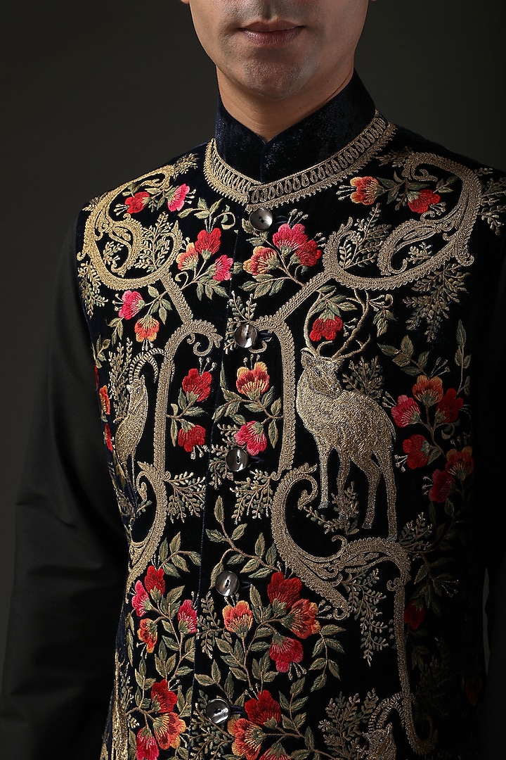 Black Silk Velvet Zari Embroidered Nehru Jacket by Rohit Bal Men at Pernia's Pop Up Shop