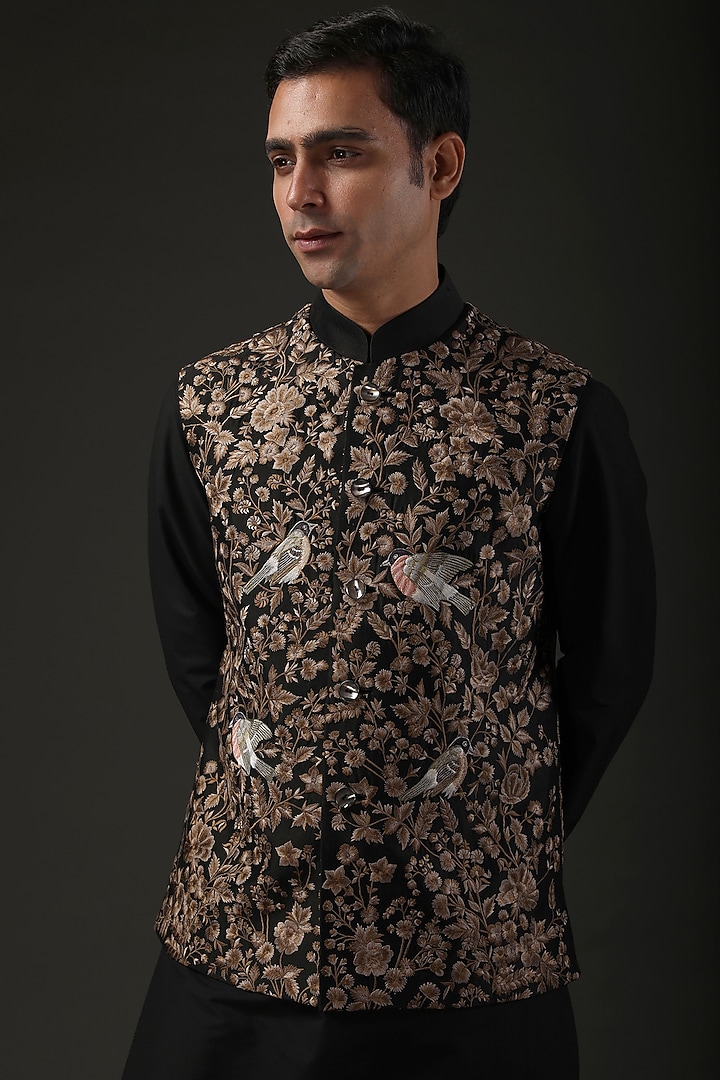 Black Chanderi Silk Resham Embroidered Nehru Jacket by Rohit Bal Men at Pernia's Pop Up Shop