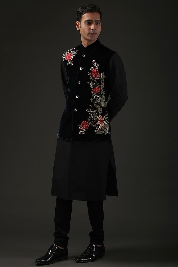 Black Silk Velvet Resham Embroidered Nehru Jacket by Rohit Bal Men