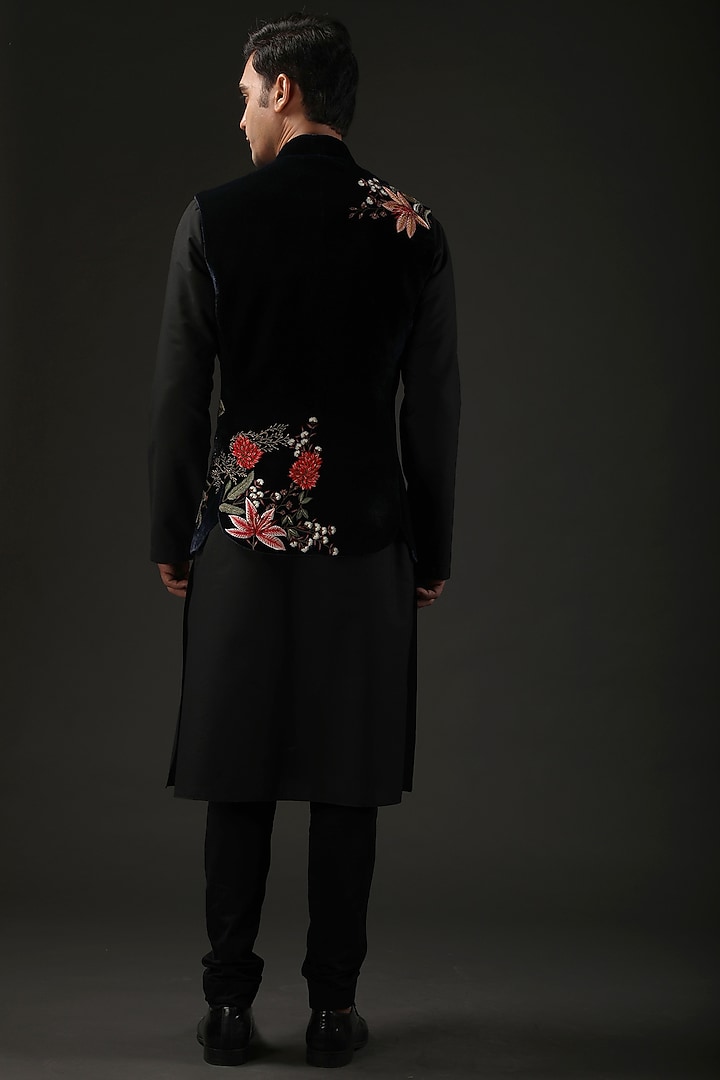 Black Silk Velvet Resham Embroidered Nehru Jacket by Rohit Bal Men at Pernia's Pop Up Shop