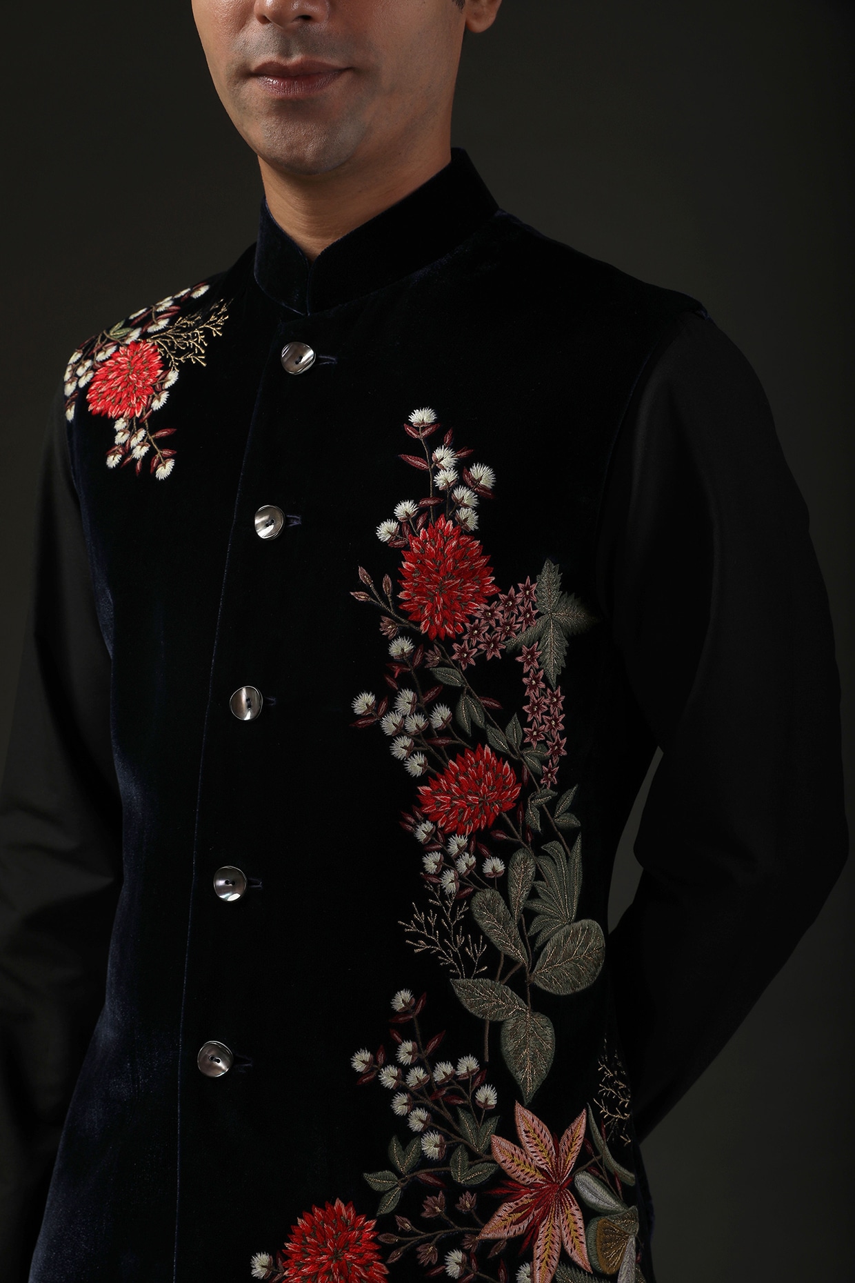 Black Floral Dori Embroidered Silk Nehru Jacket Designer Couture 186MW01