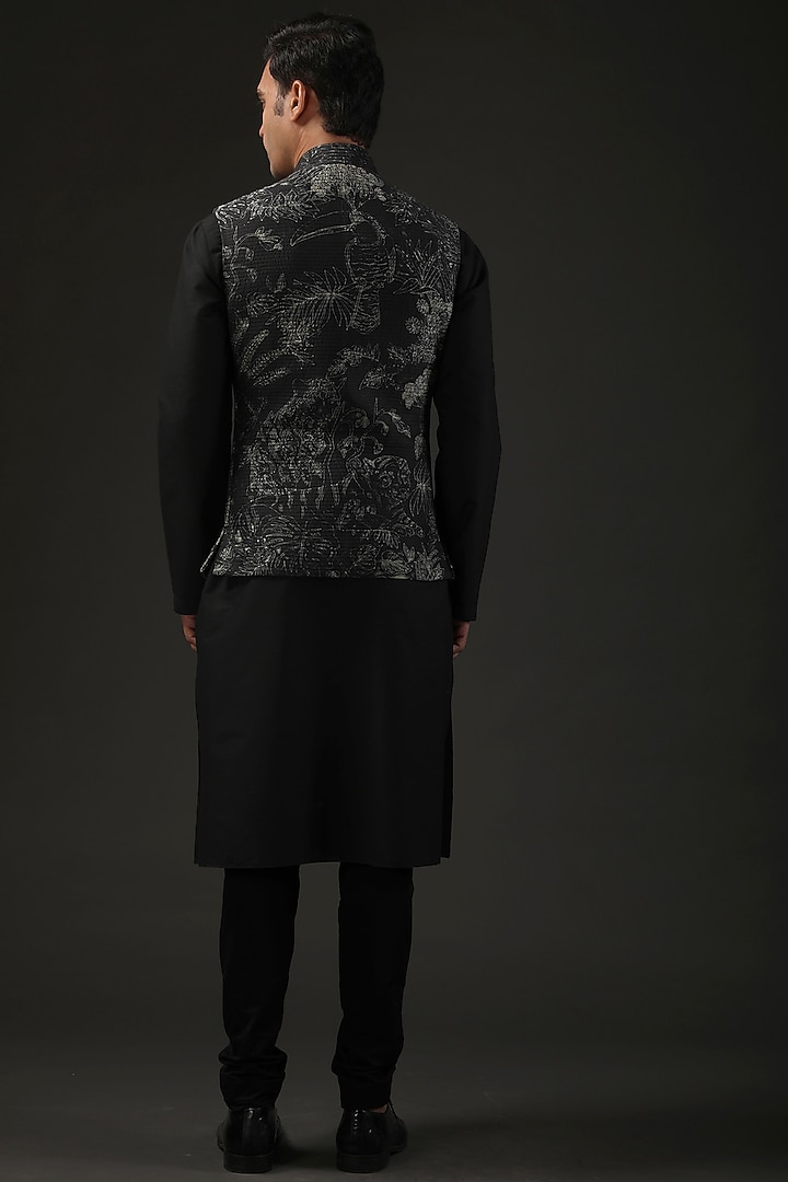 Black Chanderi Shibori Printed Quilted Nehru Jacket by Rohit Bal Men at Pernia's Pop Up Shop