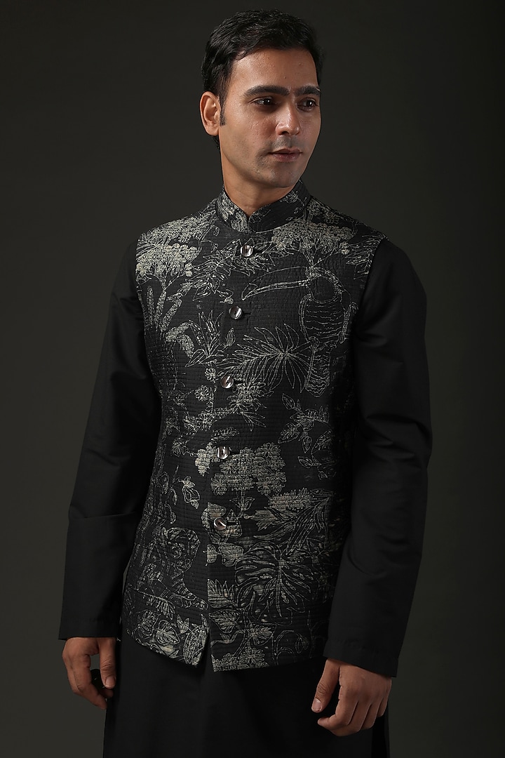 Black Chanderi Shibori Printed Quilted Nehru Jacket by Rohit Bal Men at Pernia's Pop Up Shop