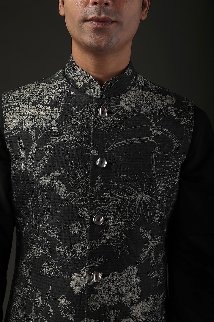 Black Chanderi Shibori Printed Quilted Nehru Jacket by Rohit Bal Men at Pernia's Pop Up Shop