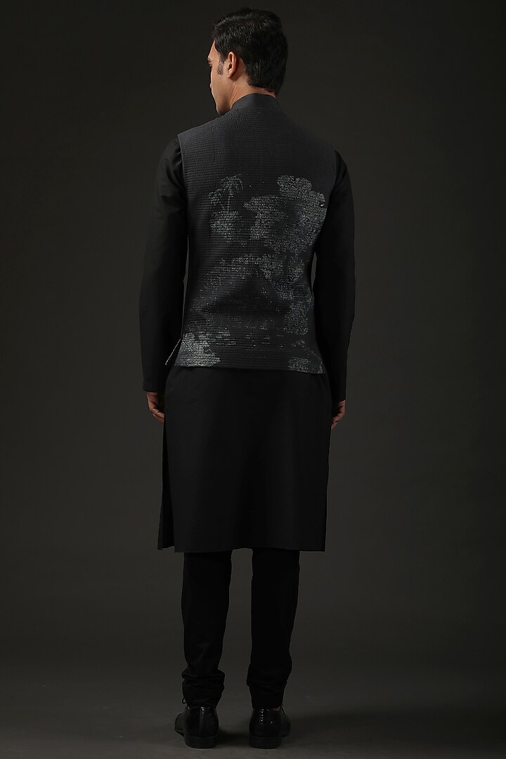 Black Chanderi Digital Printed Nehru Jacket+ by Rohit Bal Men at Pernia's Pop Up Shop