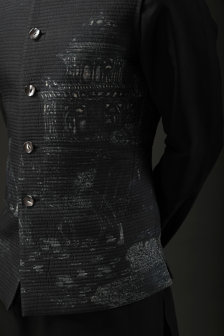 Black Chanderi Digital Printed Nehru Jacket+ by Rohit Bal Men at Pernia's Pop Up Shop