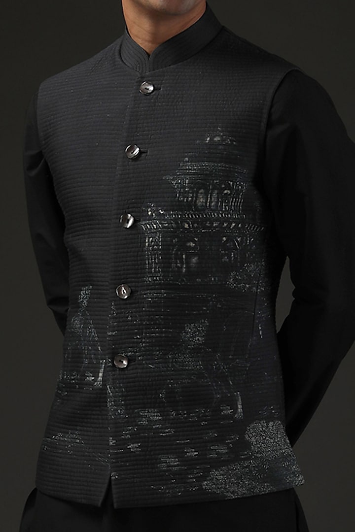 Black Chanderi Digital Printed Nehru Jacket+ by Rohit Bal Men at Pernia's Pop Up Shop