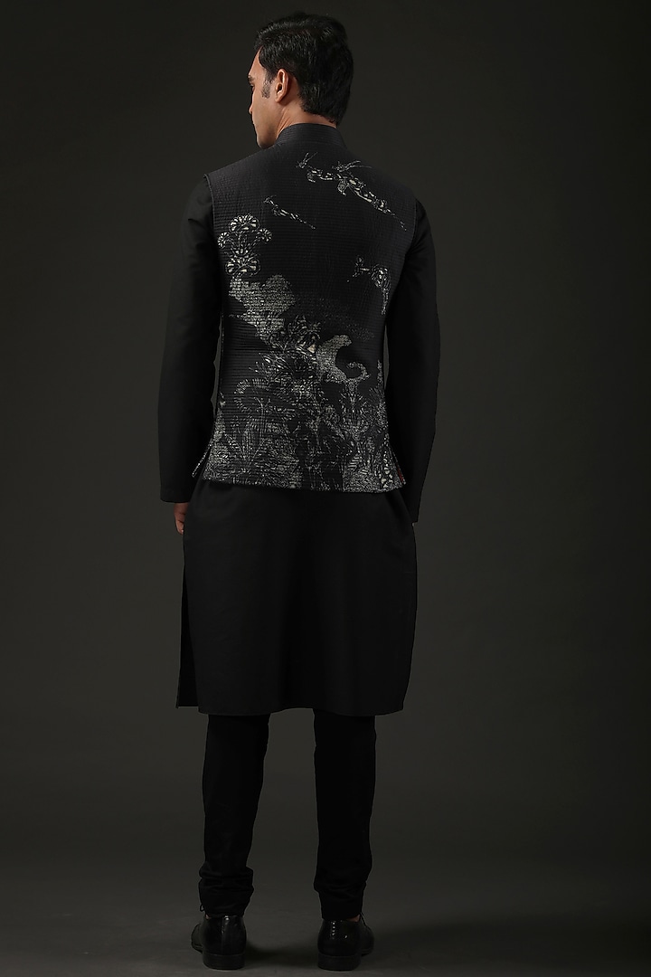 Black Chanderi Digital Printed Nehru Jacket by Rohit Bal Men at Pernia's Pop Up Shop