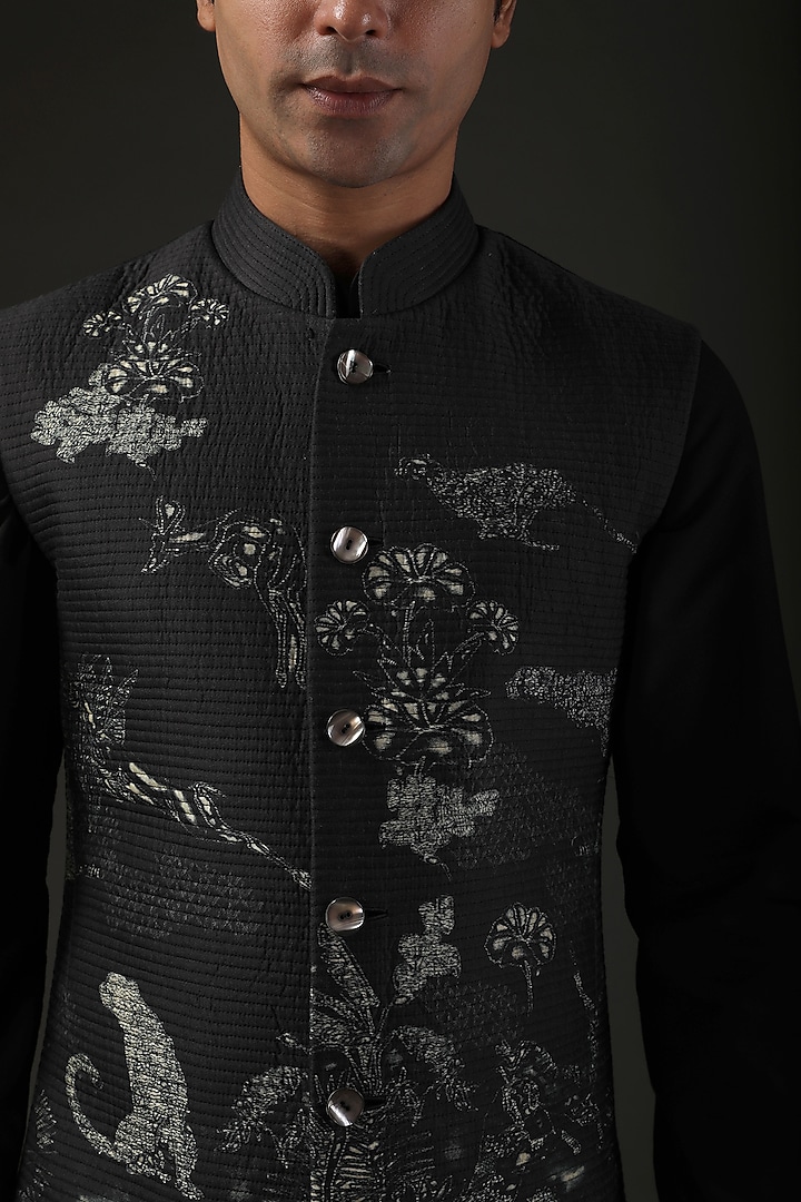 Black Chanderi Digital Printed Nehru Jacket by Rohit Bal Men at Pernia's Pop Up Shop