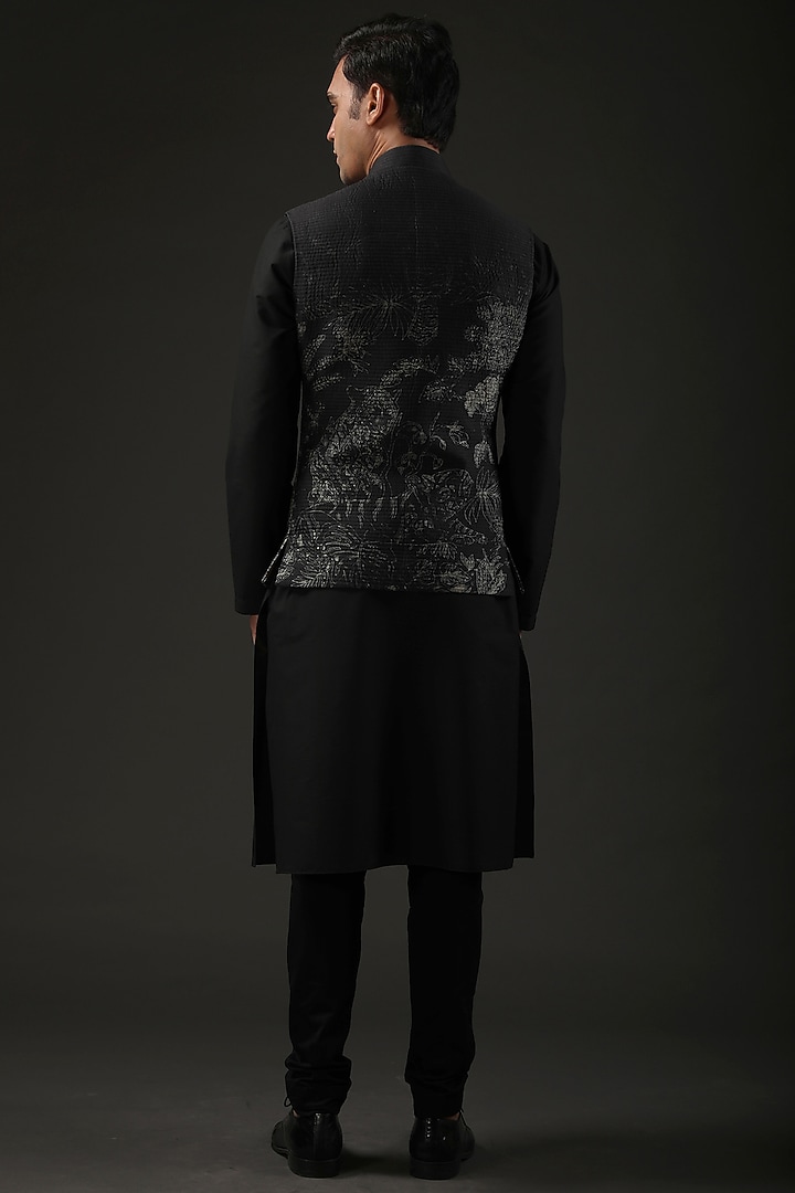Black Chanderi Digital Printed Nehru Jacket by Rohit Bal Men at Pernia's Pop Up Shop