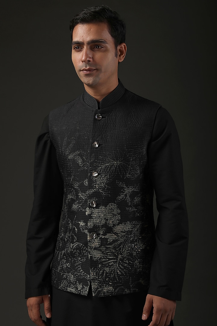Black Chanderi Digital Printed Nehru Jacket by Rohit Bal Men at Pernia's Pop Up Shop