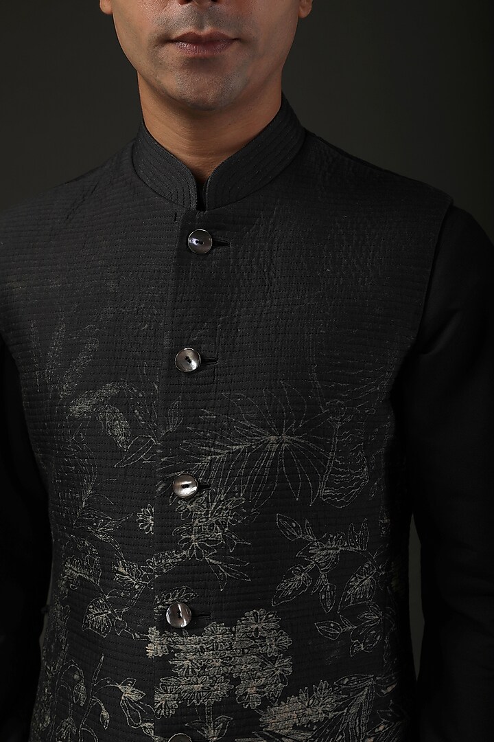 Black Chanderi Digital Printed Nehru Jacket by Rohit Bal Men at Pernia's Pop Up Shop