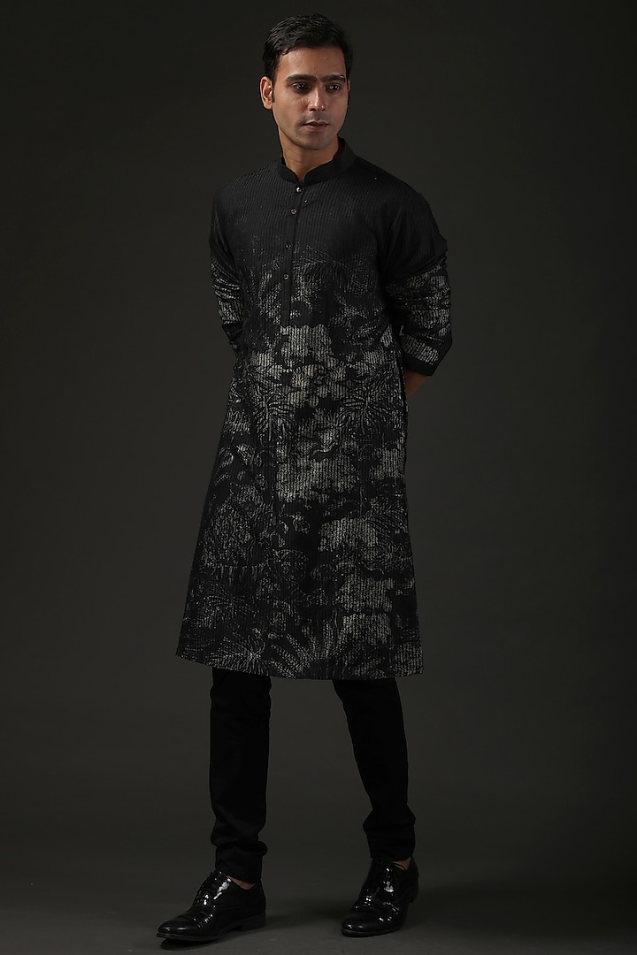 Black Shibori Printed Kurta Set by Rohit Bal Men