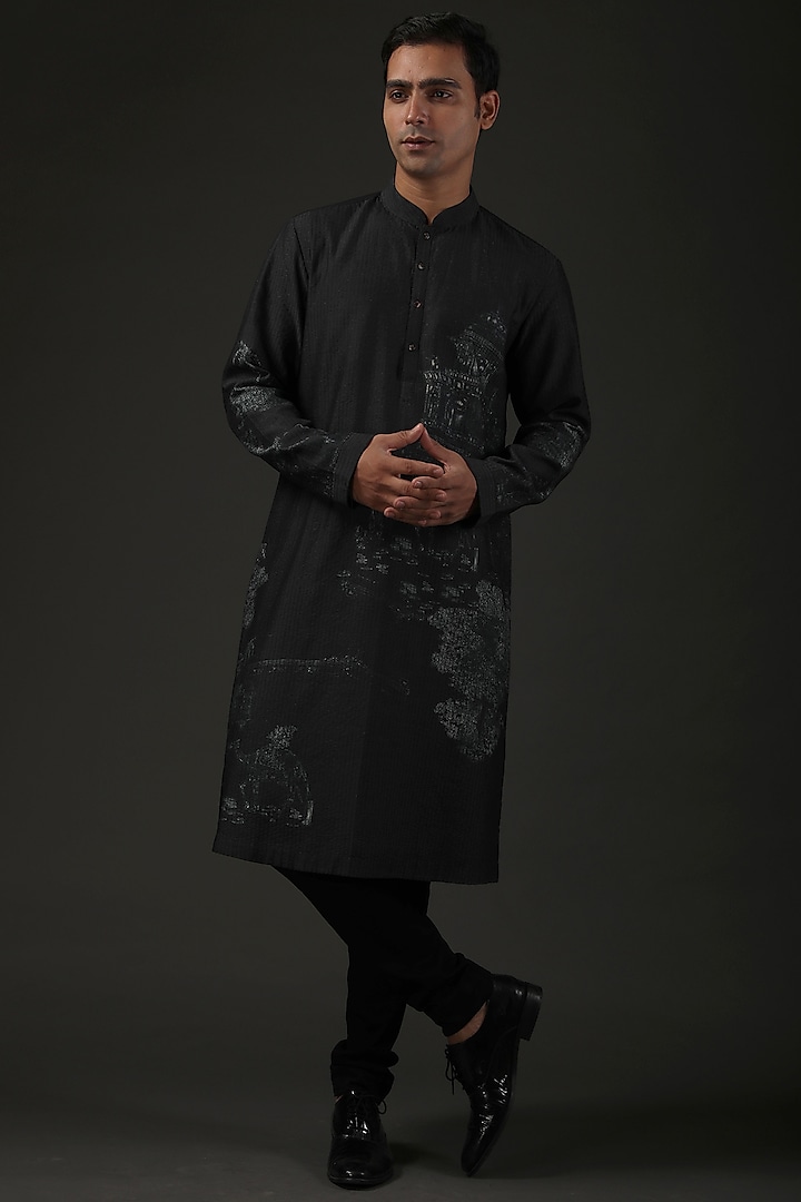 Black Embroidered & Printed Kurta Set by Rohit Bal Men