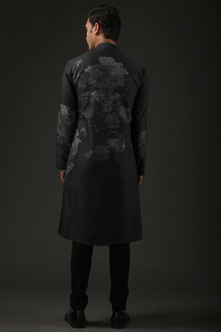 Black Chanderi Embroidered & Printed Kurta Set by Rohit Bal Men at Pernia's Pop Up Shop