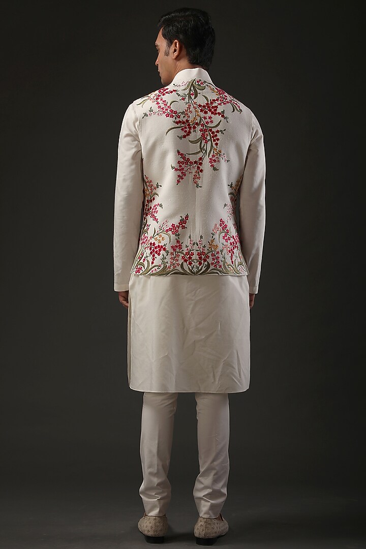 Ivory Matka Silk Resham Embroidered Nehru Jacket by Rohit Bal Men at Pernia's Pop Up Shop