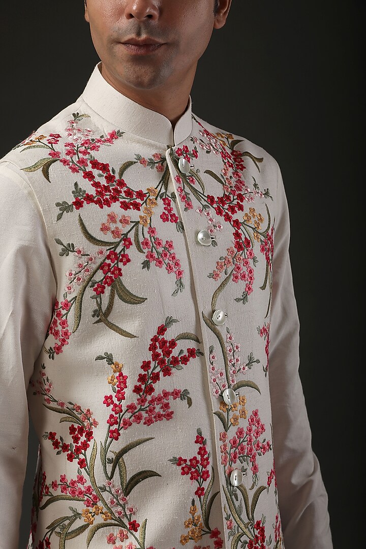 Ivory Matka Silk Resham Embroidered Nehru Jacket by Rohit Bal Men at Pernia's Pop Up Shop