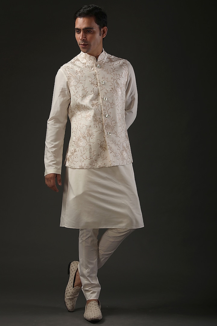 Ivory Chanderi Resham Embroidered Nehru Jacket by Rohit Bal Men