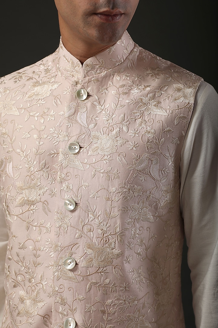 Powder Pink Embroidered Nehru Jacket by Rohit Bal Men at Pernia's Pop Up Shop