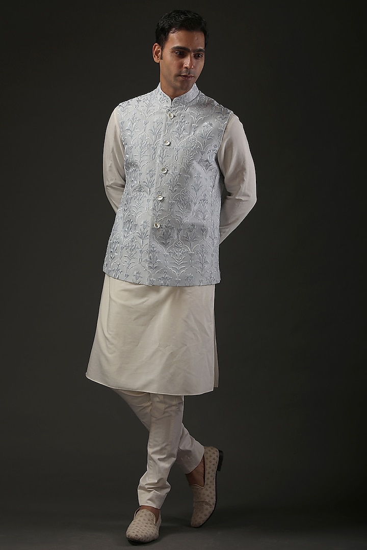 Powder Blue Embroidered Nehru Jacket by Rohit Bal Men