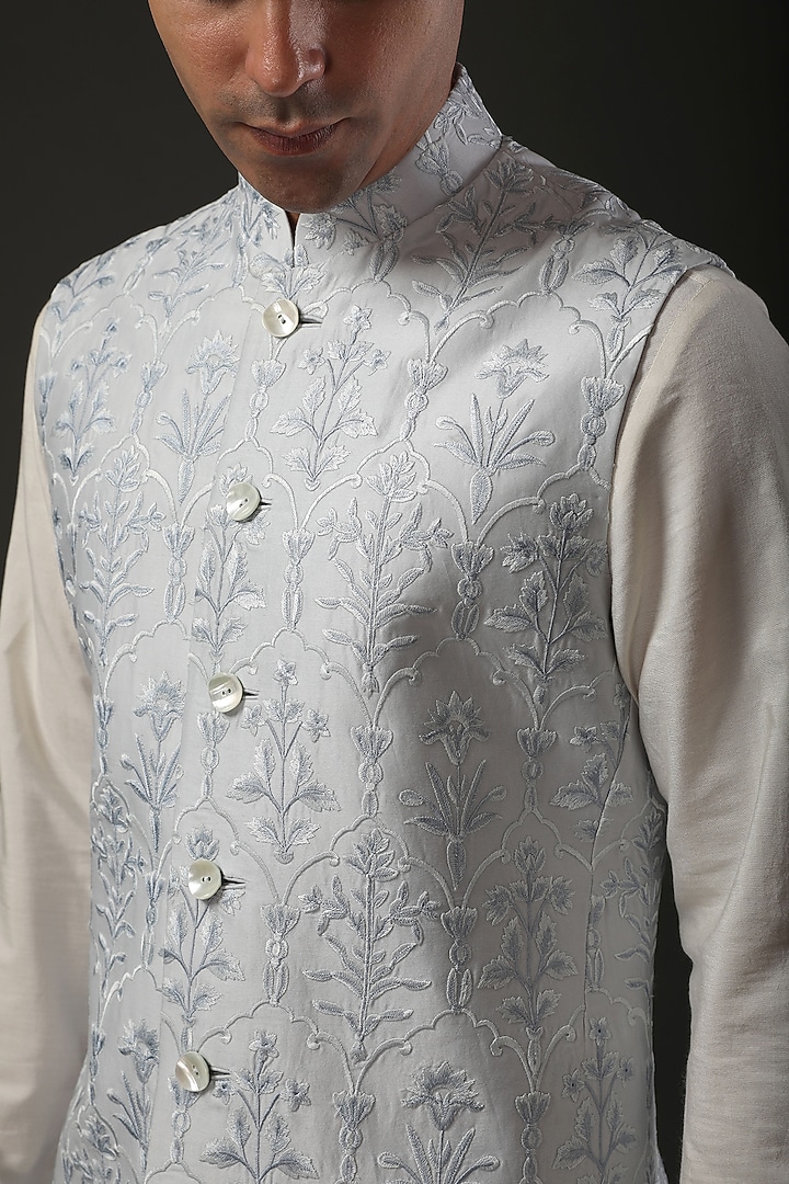Powder Blue Chanderi Silk Resham Embroidered Nehru Jacket Set by Rohit Bal Men at Pernia's Pop Up Shop