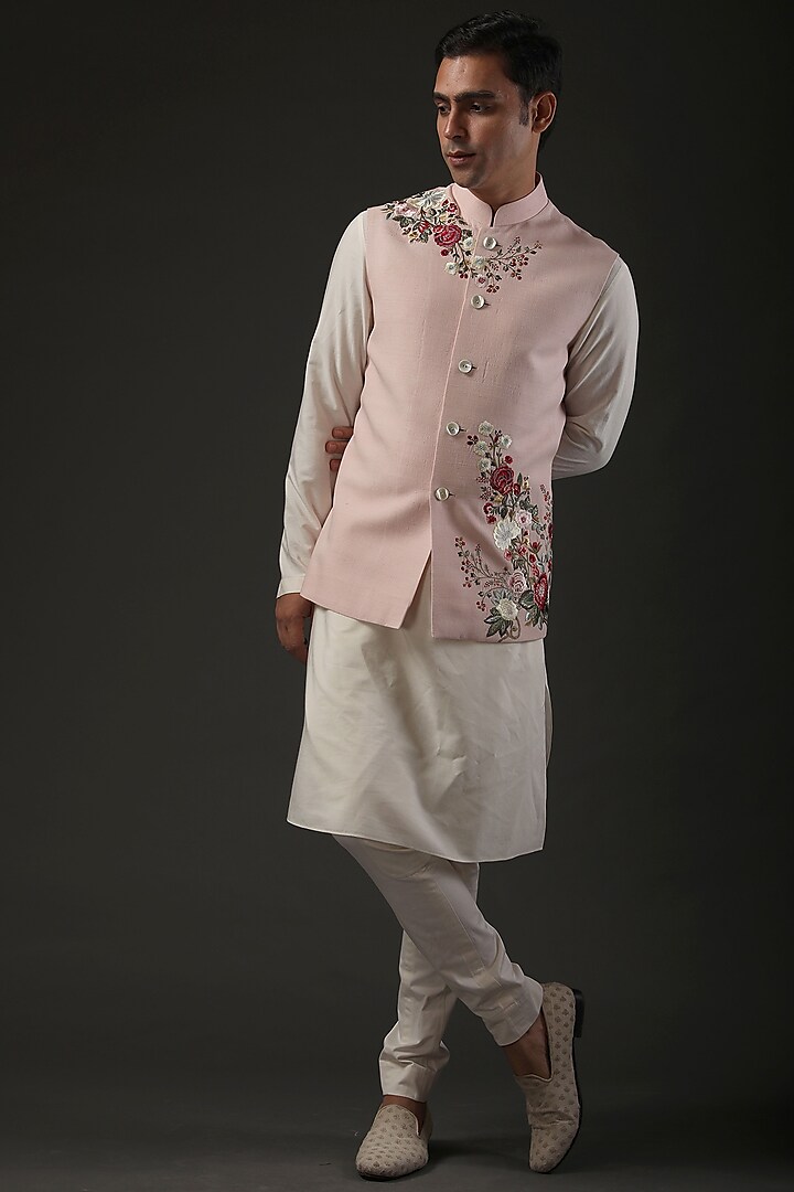 Powder Pink Resham Embroidered Nehru Jacket by Rohit Bal Men