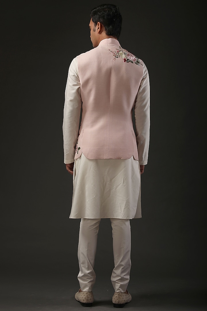 Powder Pink Matka Silk Resham Embroidered Nehru Jacket by Rohit Bal Men at Pernia's Pop Up Shop