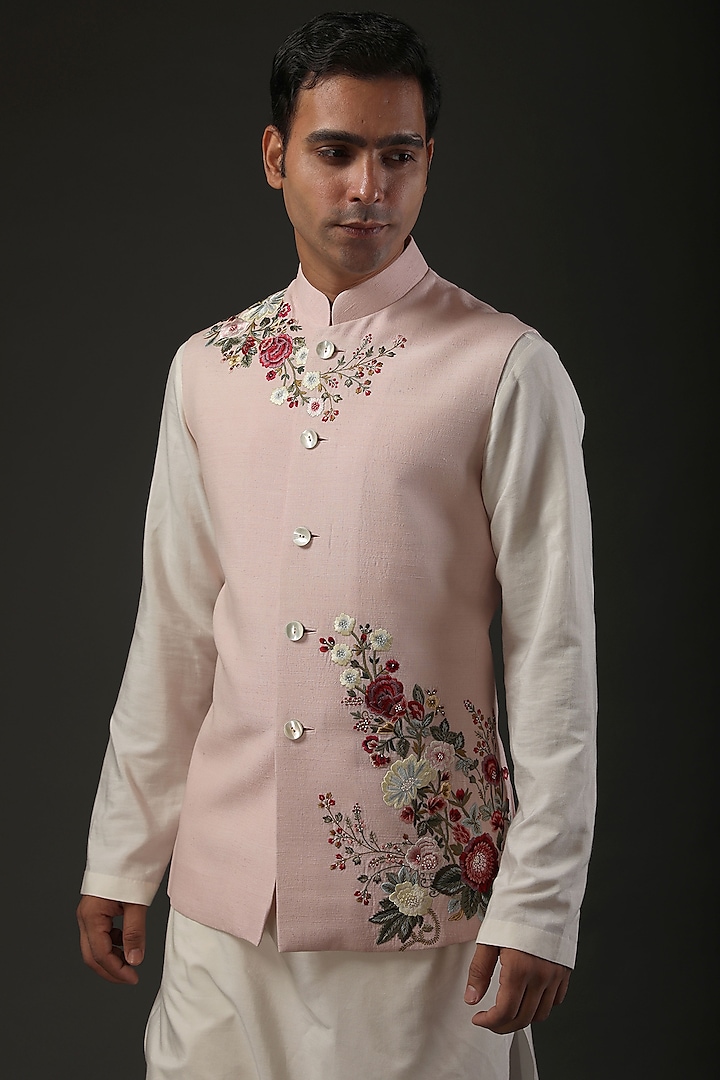 Powder Pink Resham Embroidered Nehru Jacket by Rohit Bal Men at Pernia s Pop Up Shop 2024