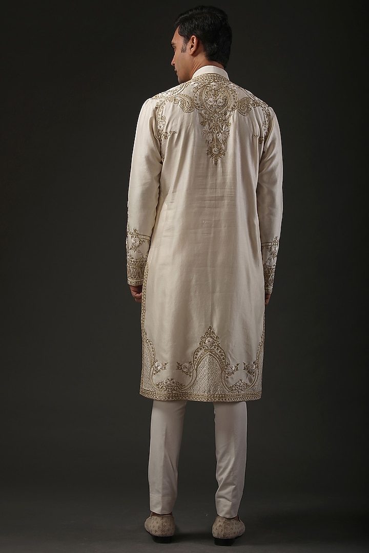 Ivory Chanderi Silk Zari Embroidered Kurta Set by Rohit Bal Men at Pernia's Pop Up Shop