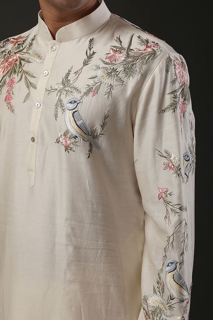 Ivory Chanderi Silk Zari Embroidered Kurta Set by Rohit Bal Men at Pernia's Pop Up Shop