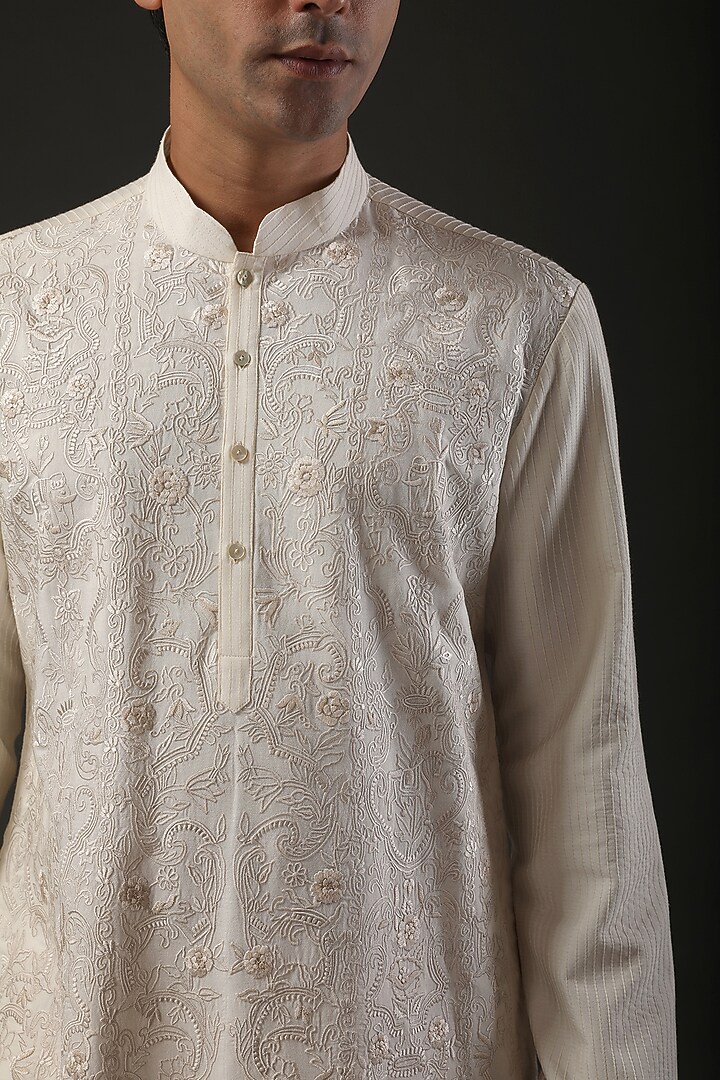 Ivory Chanderi Silk Resham Embroidered Kurta Set by Rohit Bal Men at Pernia's Pop Up Shop