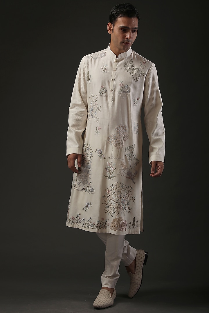 Ivory Chanderi Silk Kurta Set by Rohit Bal Men