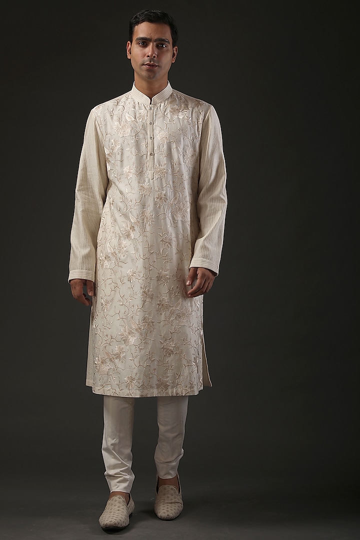 Ivory Kurta Set in Chanderi Silk by Rohit Bal Men
