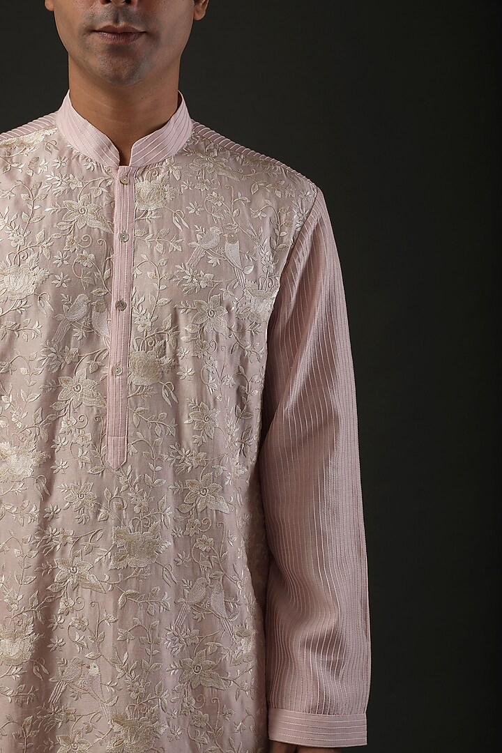 Powder Pink Chanderi Silk Resham Embroidered Kurta Set by Rohit Bal Men at Pernia's Pop Up Shop