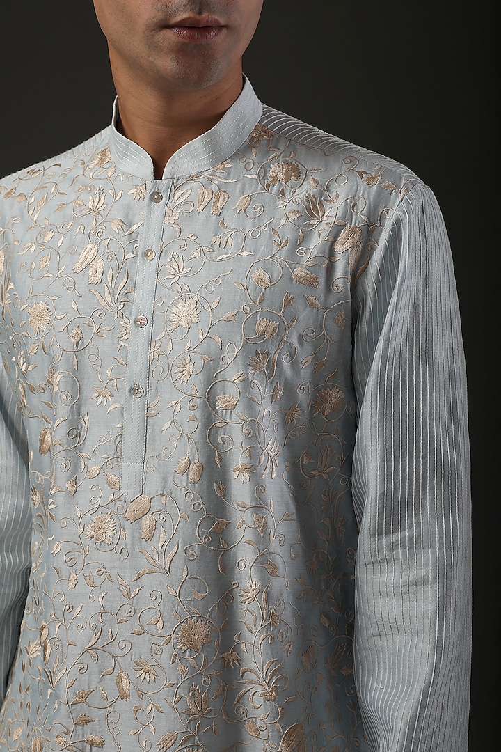 Powder Blue Chanderi Silk Resham Embroidered Kurta Set by Rohit Bal Men at Pernia's Pop Up Shop