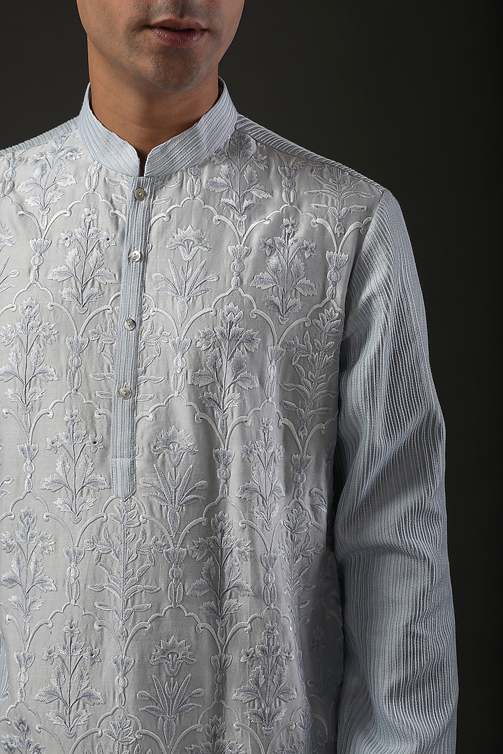Powder Blue Chanderi Silk Resham Embroidered Kurta Set by Rohit Bal Men at Pernia's Pop Up Shop