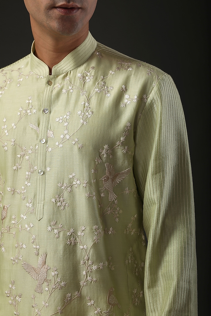 Mint Chanderi Silk Resham Embroidered Kurta Set by Rohit Bal Men at Pernia's Pop Up Shop
