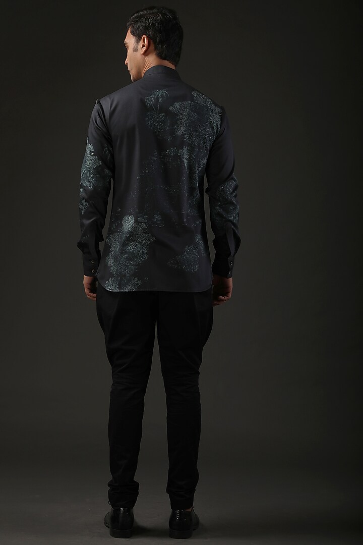 Black Poplin Shibori Digital Printed Party Wear Shirt by Rohit Bal Men at Pernia's Pop Up Shop