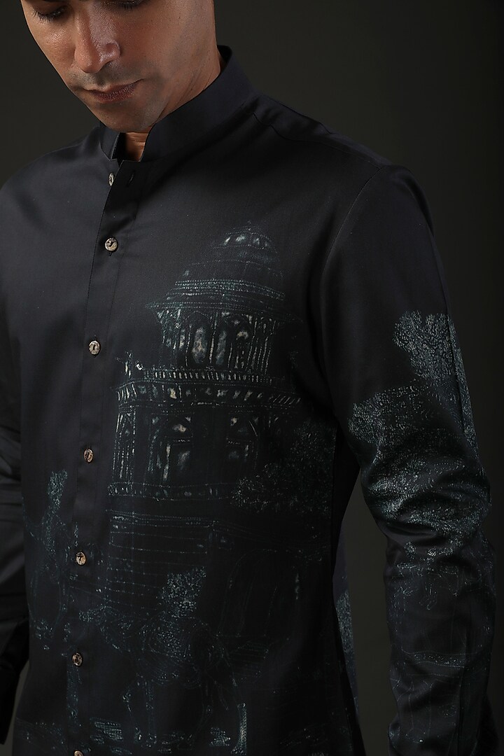 Black Poplin Shibori Digital Printed Party Wear Shirt by Rohit Bal Men at Pernia's Pop Up Shop