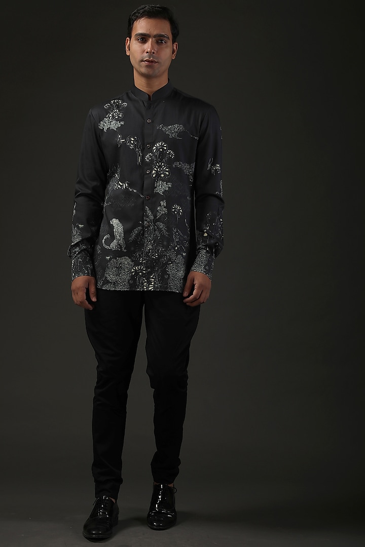Black Digital Printed Shirt by Rohit Bal Men