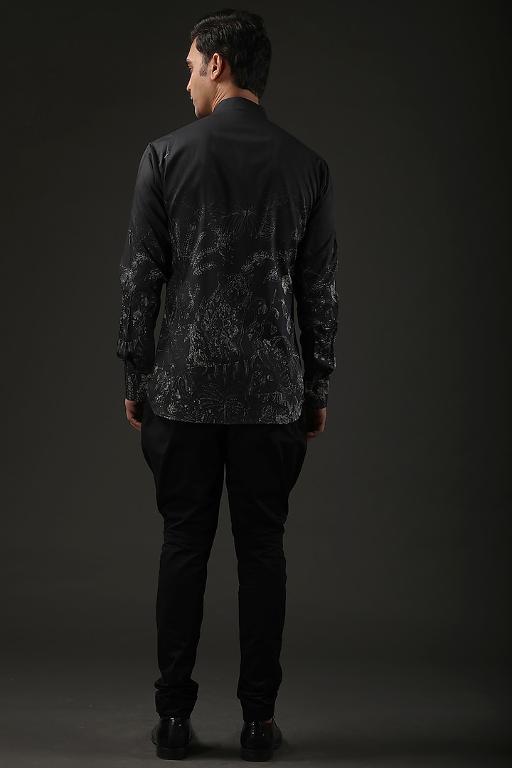 Black Poplin Shibori Digital Printed Party Wear Shirt by Rohit Bal Men at Pernia's Pop Up Shop