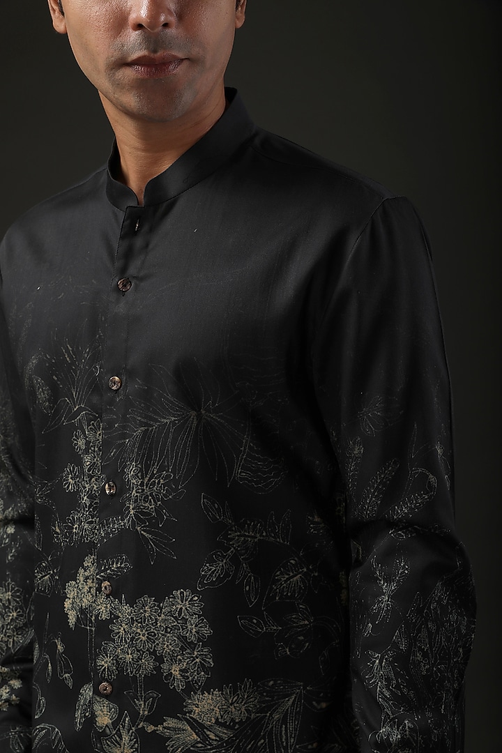 Black Poplin Shibori Digital Printed Party Wear Shirt by Rohit Bal Men at Pernia's Pop Up Shop