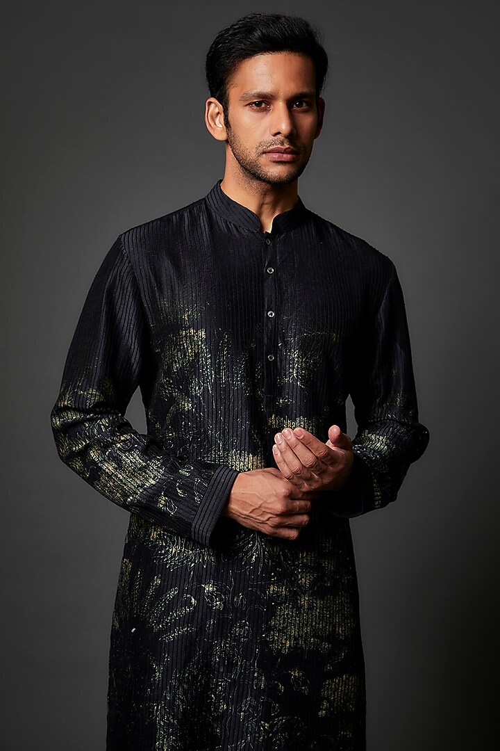 Black Silk Digital Printed Kurta Set by Rohit Bal Men at Pernia's Pop Up Shop