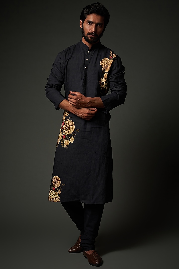 Black Linen Digital Printed Kurta Set by Rohit Bal Men