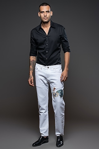 Off-White Denim Embroidered Jeans by Rohit Bal Men