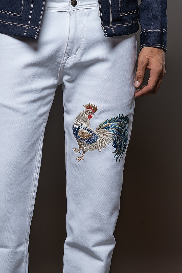 Off-White Denim Embroidered Jeans by Rohit Bal Men at Pernia's Pop Up Shop