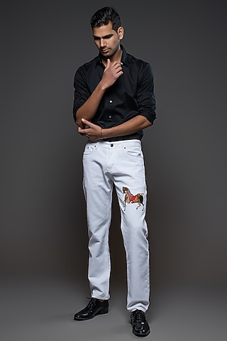 Off-White Denim Embroidered Jeans by Rohit Bal Men